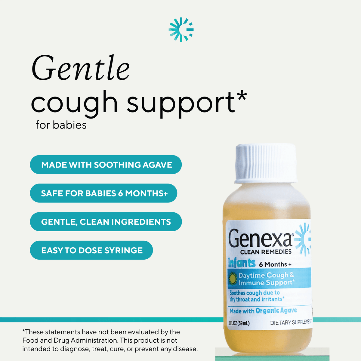 Medicine bottle with Genexa infants daytime cough support and text describing use cases