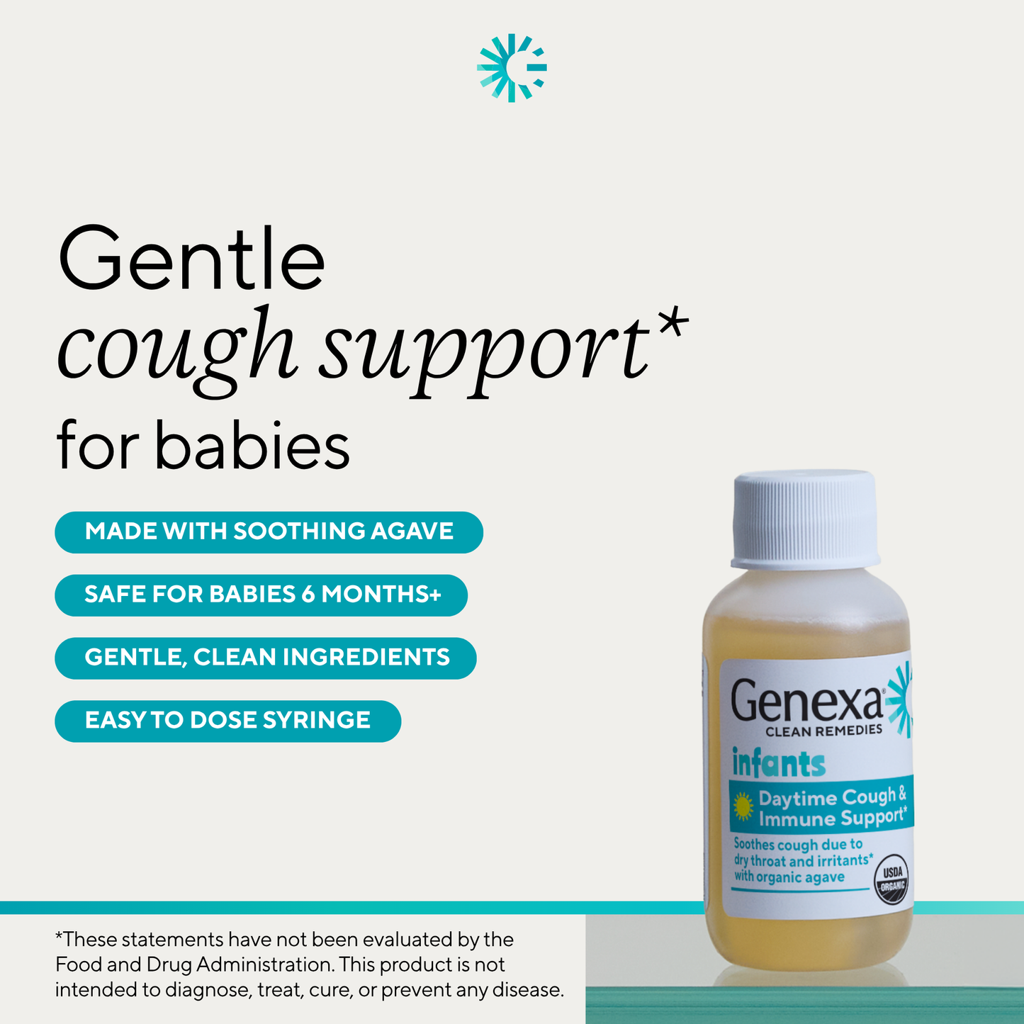 Genexa Clean Remedies infants daytime cough and immune support syrup bottle shown on a light gray background with marketing text highlighting soothing agave, safe for babies 6 months+, gentle clean ingredients, and easy to dose syringe.