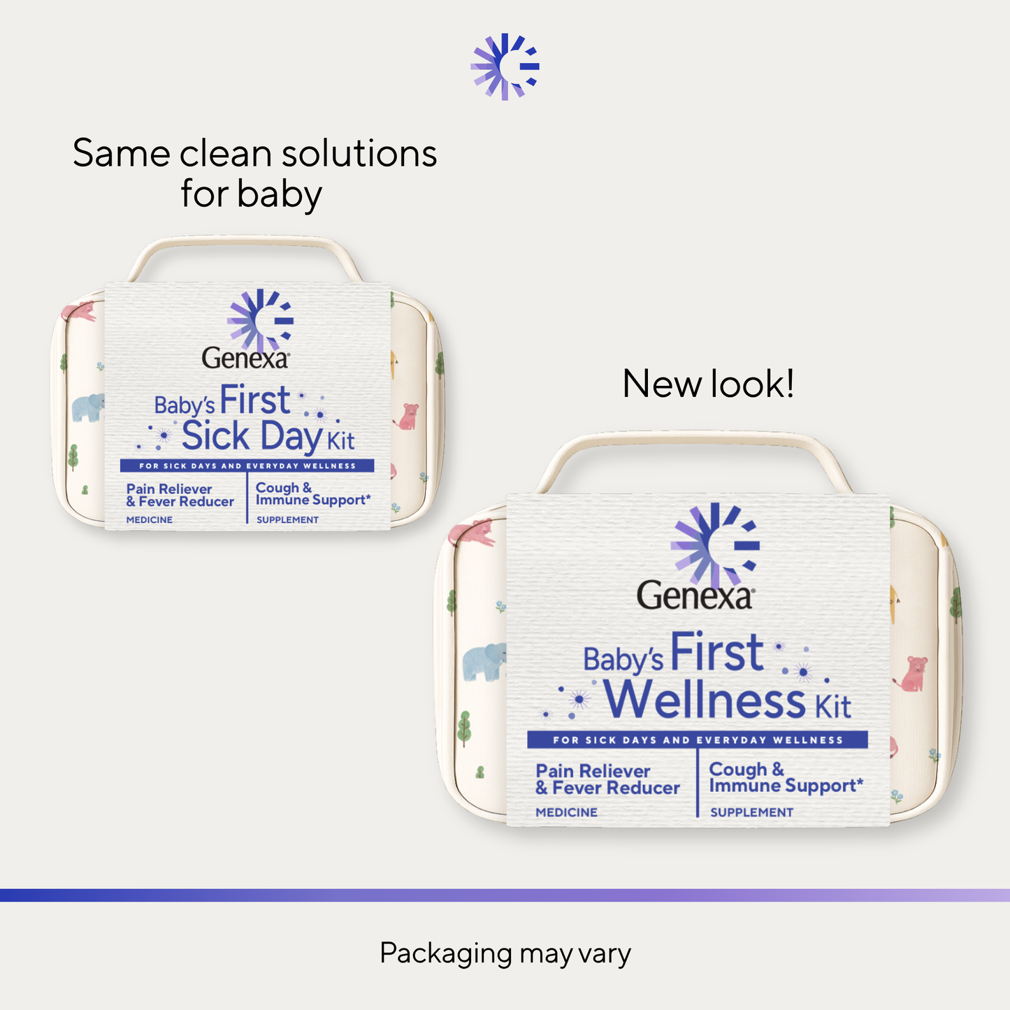 Two Genexa pouches shown on a light gray background with marketing text reading 'Same clean solutions for baby,' 'New look!,' and 'Packaging may vary.'.