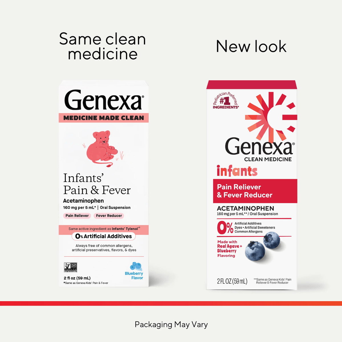 Two Genexa infant medicine packages side by side with text indicating 'Same clean medicine' and 'New look'.
