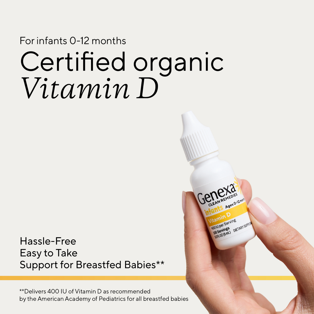 Hand holding Genexa vitamin D supplement for babies with text about being certified organic