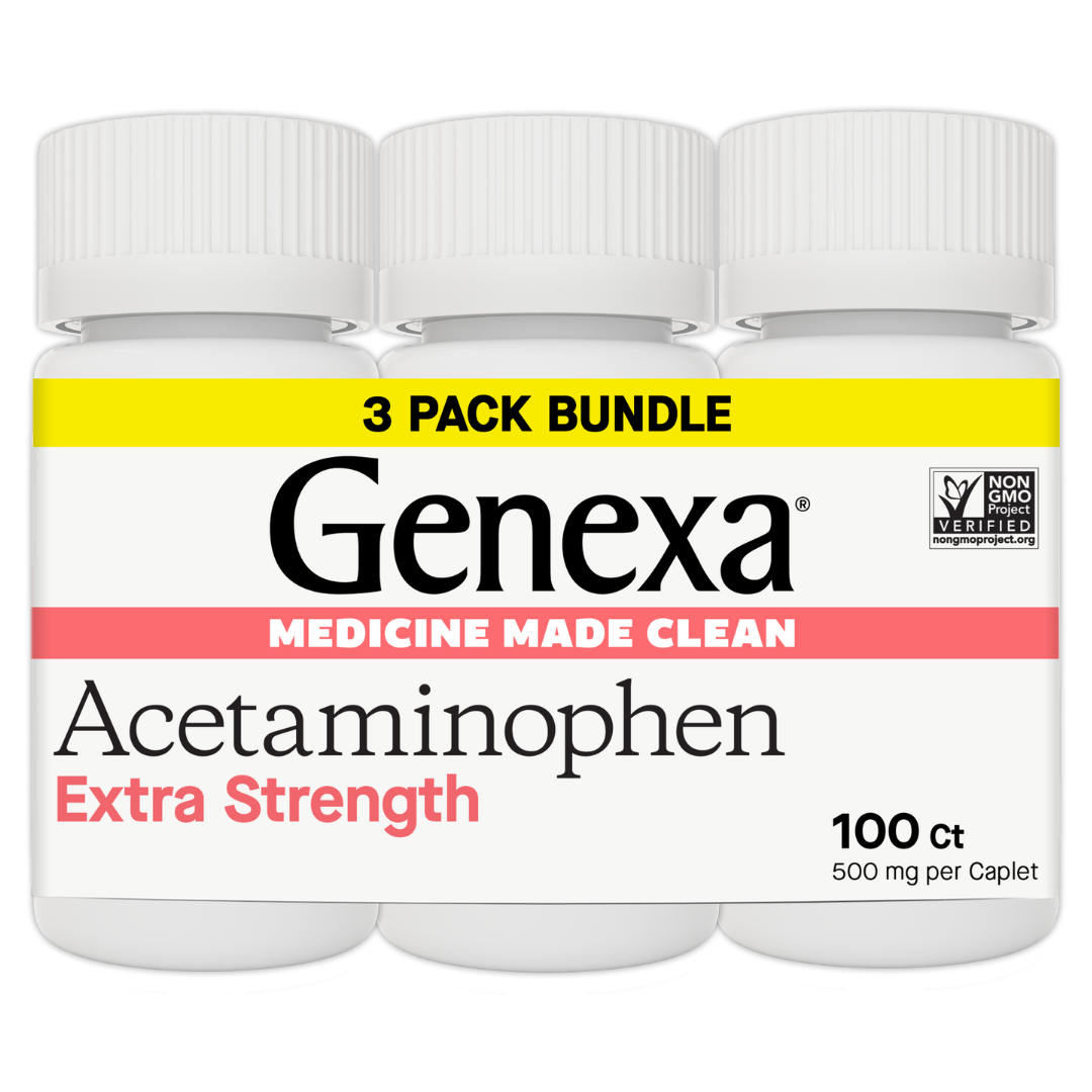 Three bottles of Genexa Acetaminophen Extra Strength with a 'Medicine Made Clean' label on a white background.