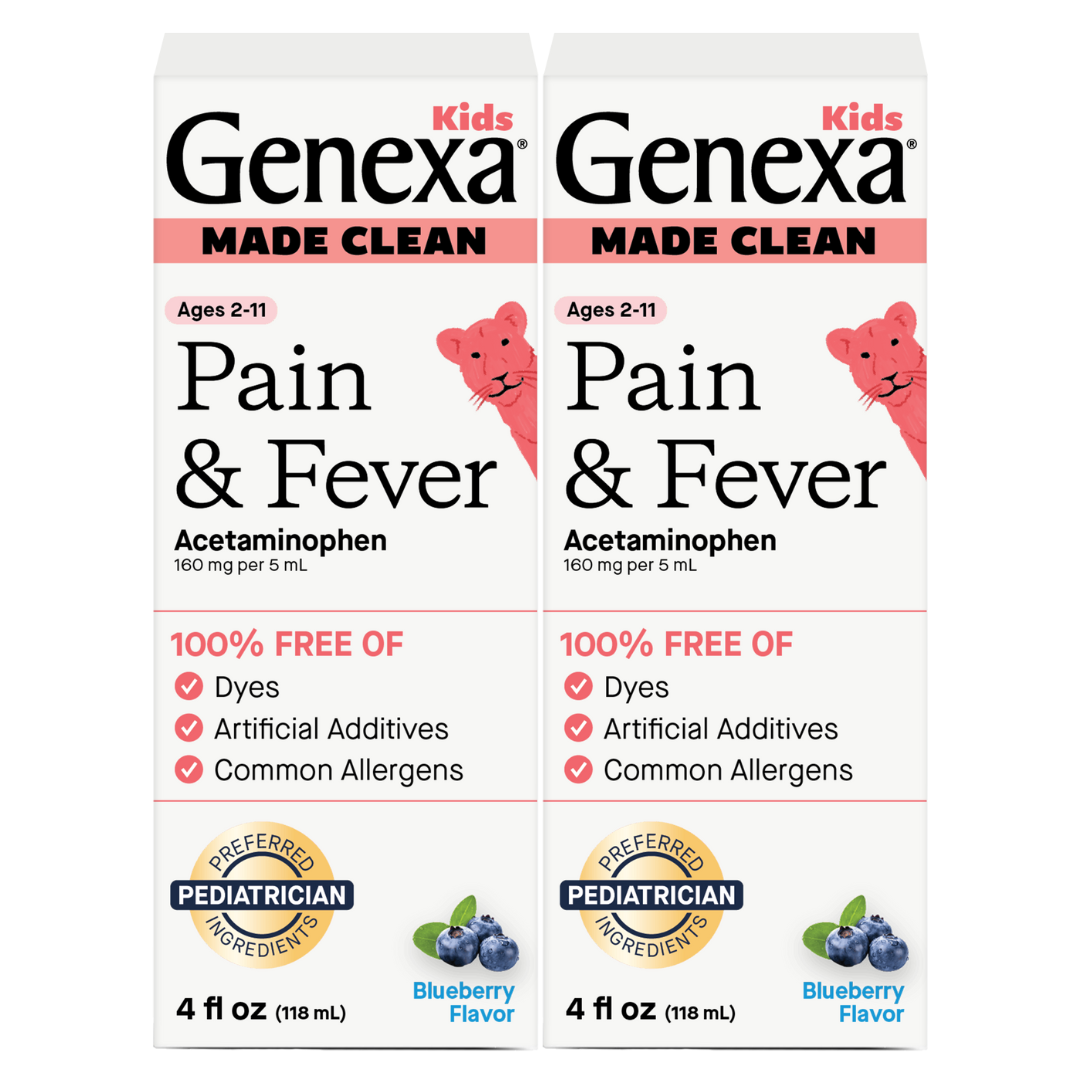 Two boxes of Genexa Kids Pain & Fever Acetaminophen with blueberry flavor on a white background.