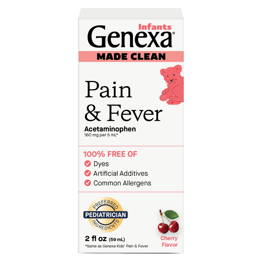 Box of Infants' Genexa Made Clean Pain & Fever Acetaminophen with cherry flavor on a white background