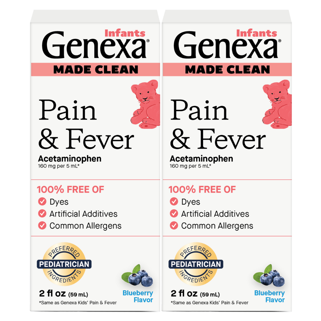 Two boxes of Genexa Infants' Pain & Fever Medicine with blueberry flavor on a white background.
