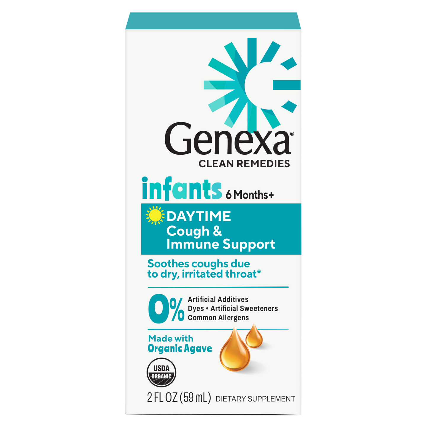 Genexa Clean Remedies infants' cough and immune support supplement box on a white background