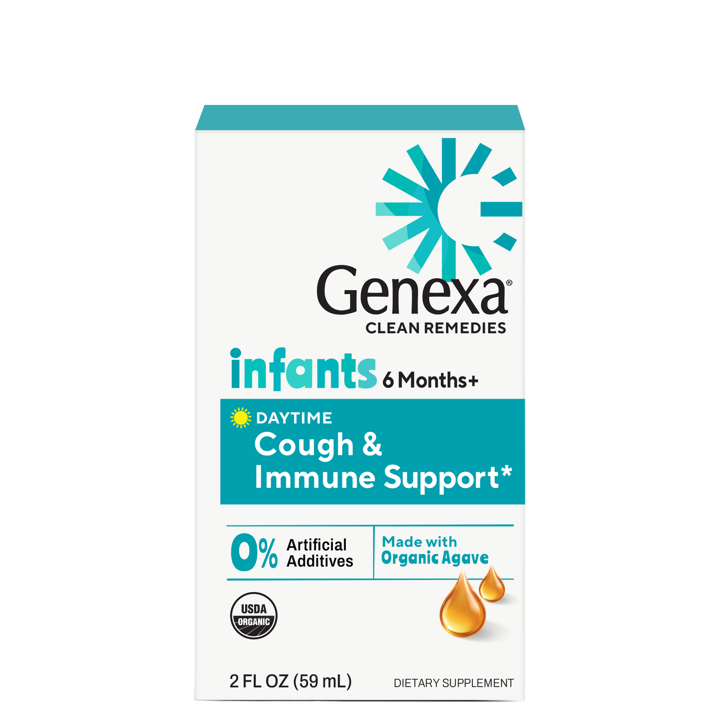 Genexa Clean Remedies infants daytime cough and immune support supplement box, 2 FL OZ (59 mL), on a plain white background.