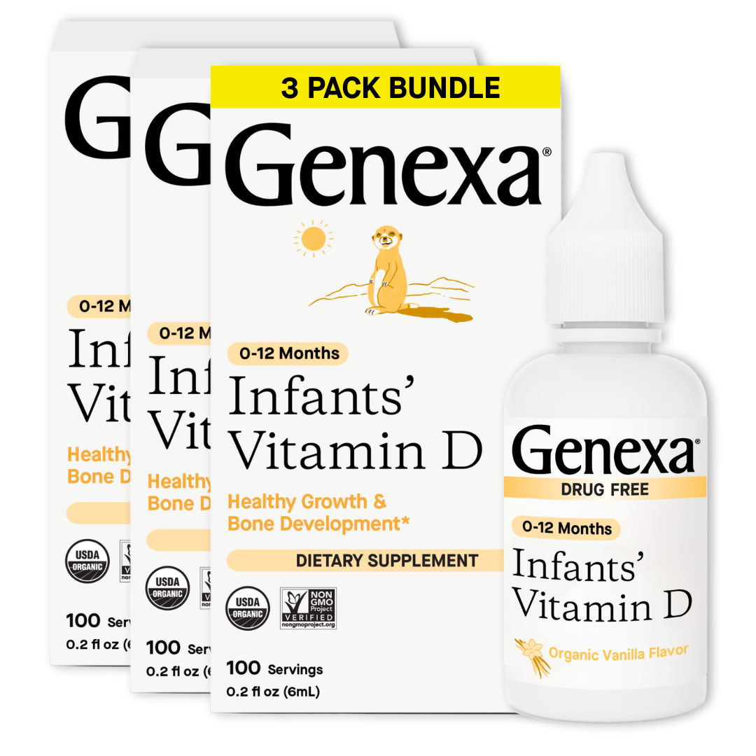 Genexa Infants' Vitamin D supplement packaging with dropper bottle and box on a white background