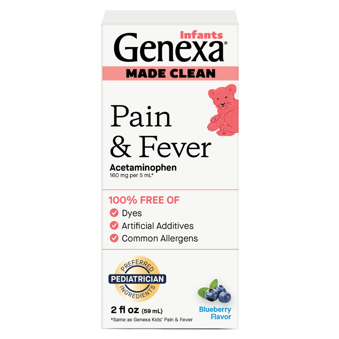 Box of Genexa Infants' Pain & Fever Acetaminophen with blueberry flavor on a white background