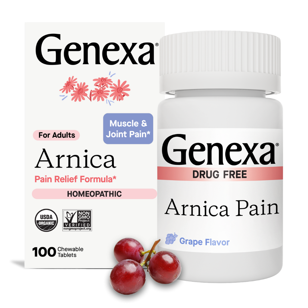 Genexa Arnica Pain Relief Formula packaging with bottle and grapes on a white background