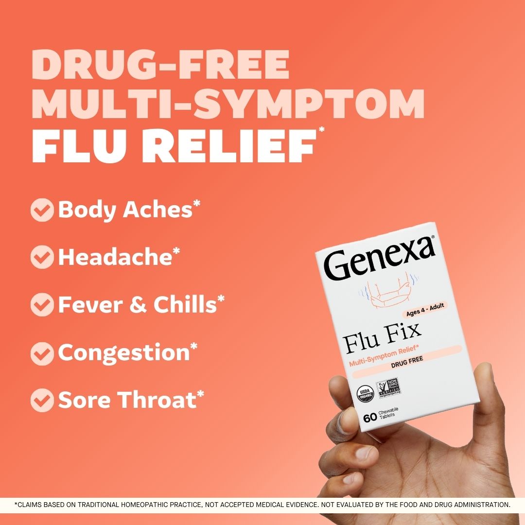 Hand holding Genexa Flu Fix packaging with product features on a peach background