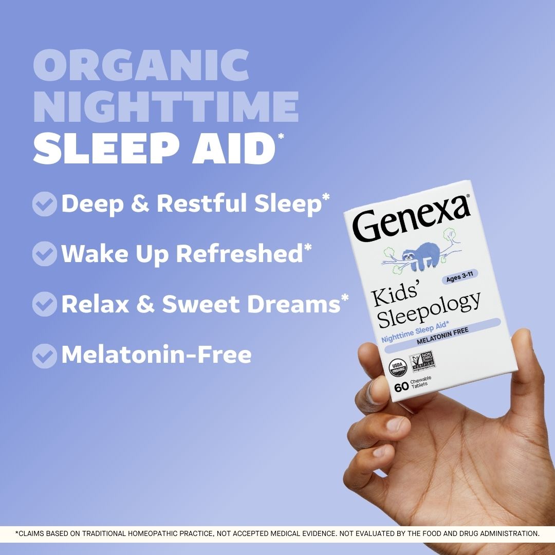 Hand holding a Genexa Kids' Sleepology product against a blue background with text about organic nighttime sleep aid.