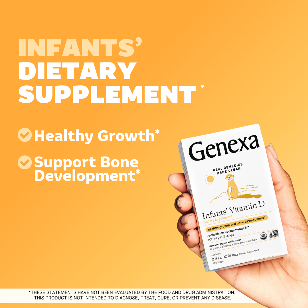 Genexa Infants' Vitamin D supplement packaging held by a hand with a yellow background and text about healthy growth and bone development.