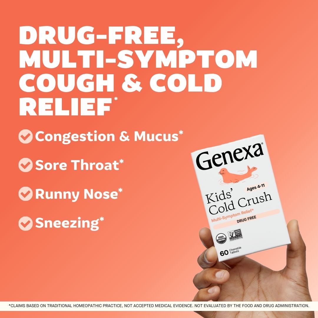 Hand holding Genexa Kids' Cold Crush package with product features on a peach background