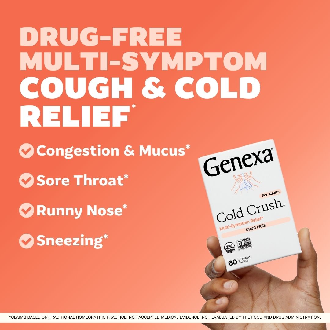 Hand holding a Genexa Cold Crush package with text on a peach background