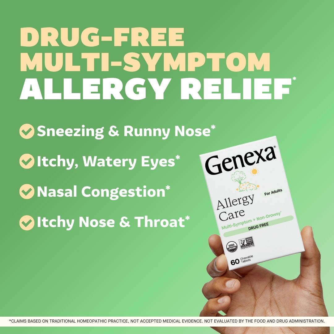 Hand holding a Genexa Allergy Care package with allergy relief symptoms listed on a green background