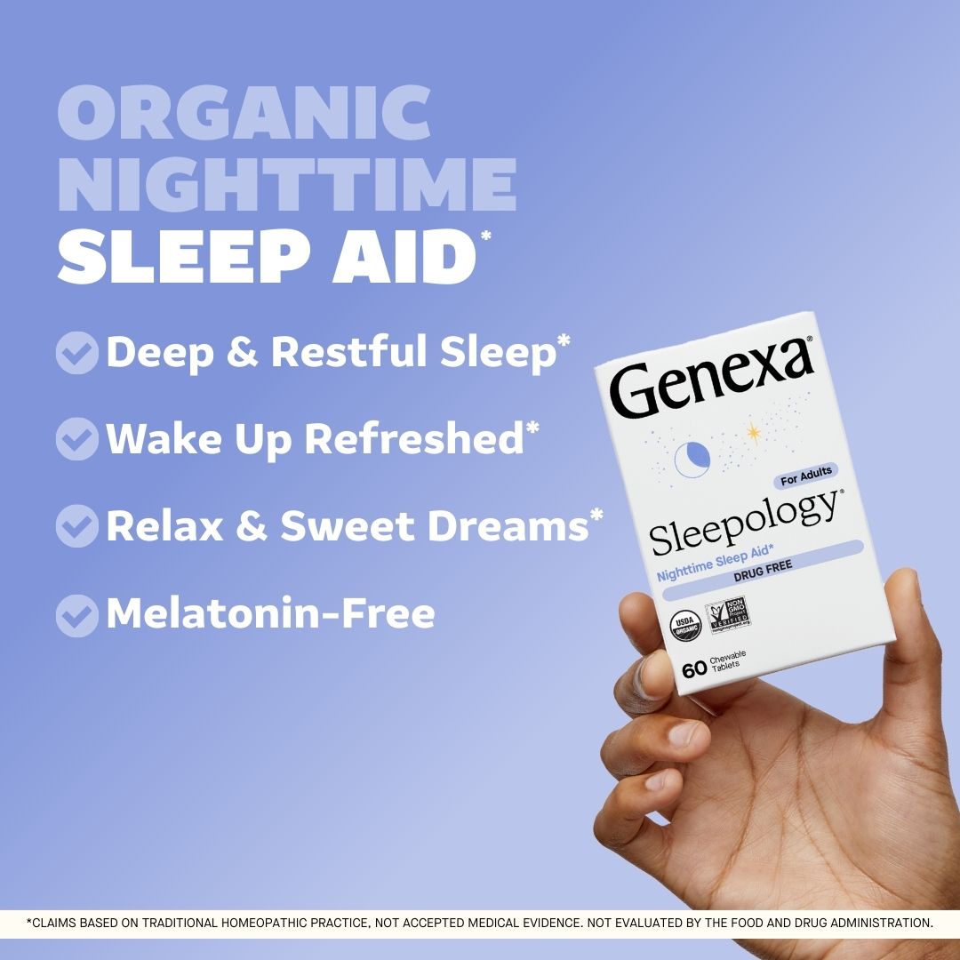 Hand holding a Genexa Sleepology product with promotional text on a blue background