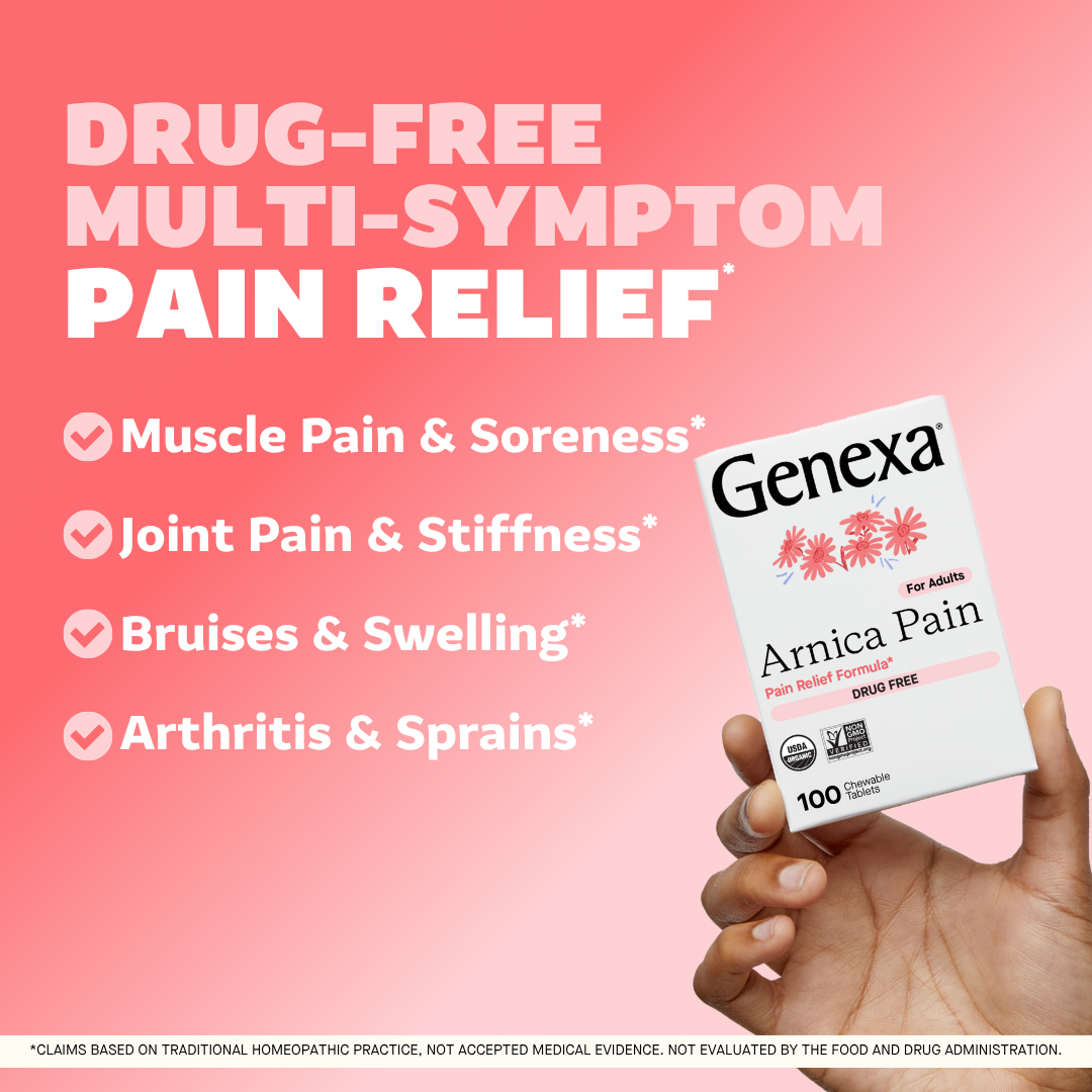 Hand holding a Genexa Arnica Pain relief package with text on a pink background