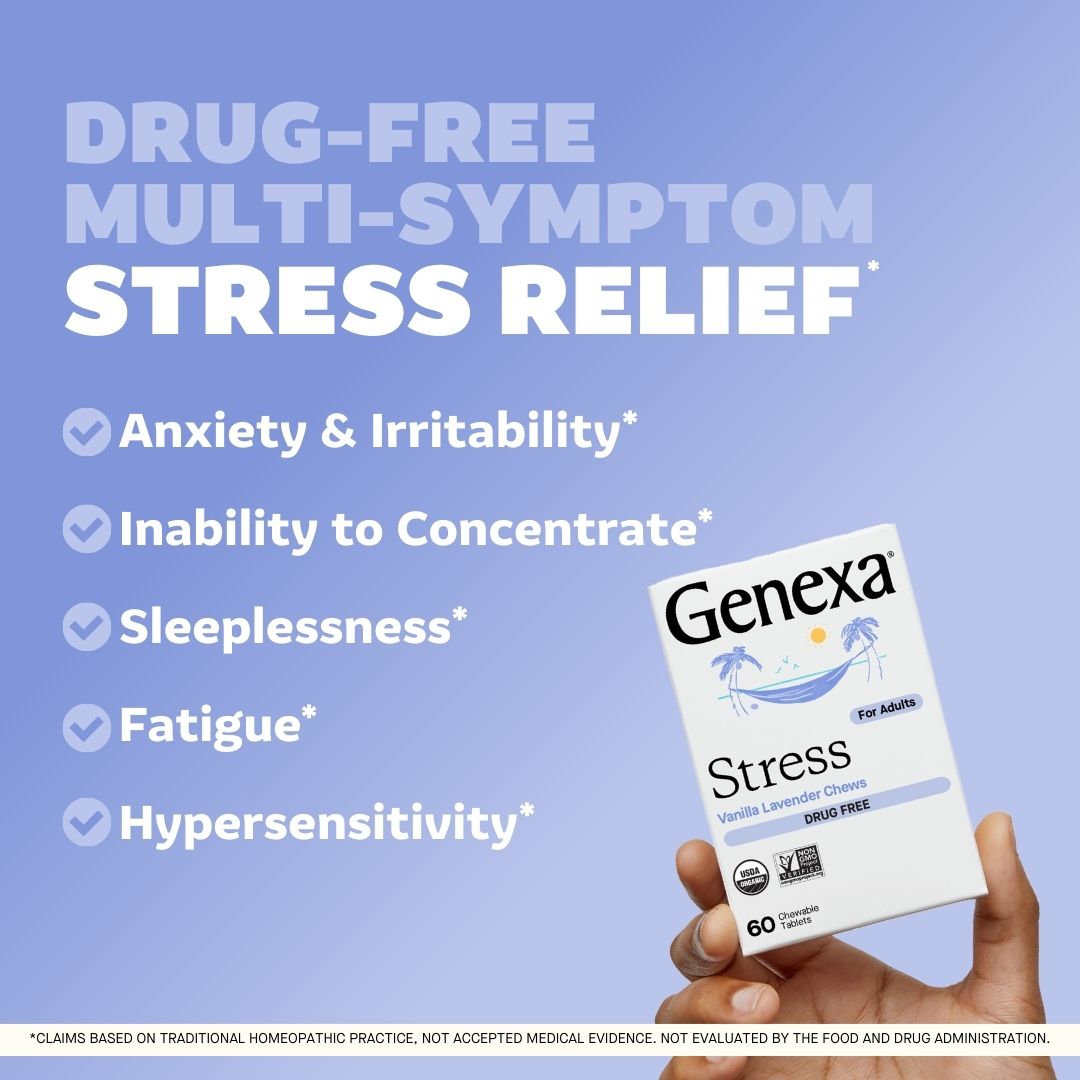 Hand holding a Genexa Stress supplement package with a blue background and text about stress relief symptoms.