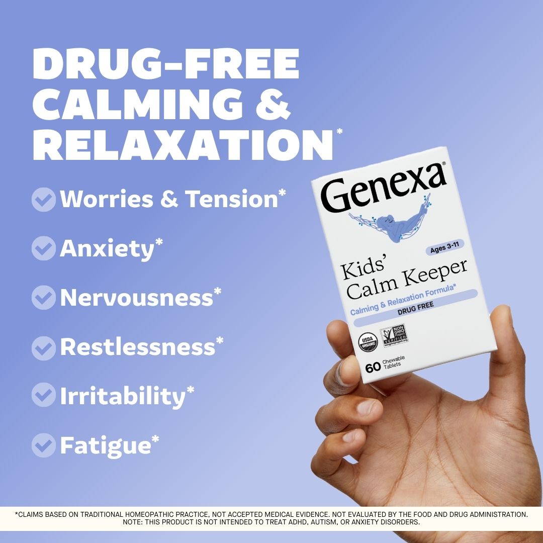 Hand holding a box of Genexa Kids' Calm Keeper with text about drug-free calming and relaxation on a blue background.