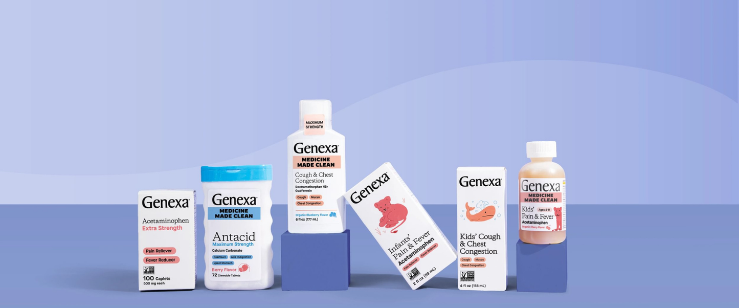 Collection of Genexa products on a blue background