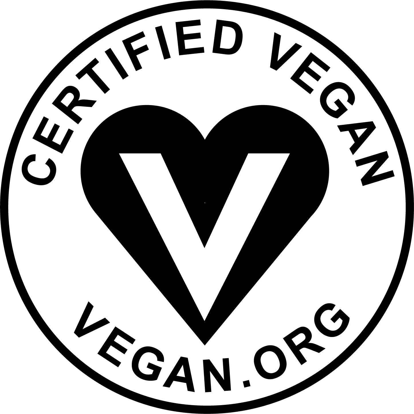 Certified Vegan logo with a heart and 'V' symbol, featuring the text 'CERTIFIED VEGAN' and 'VEGAN.ORG'.