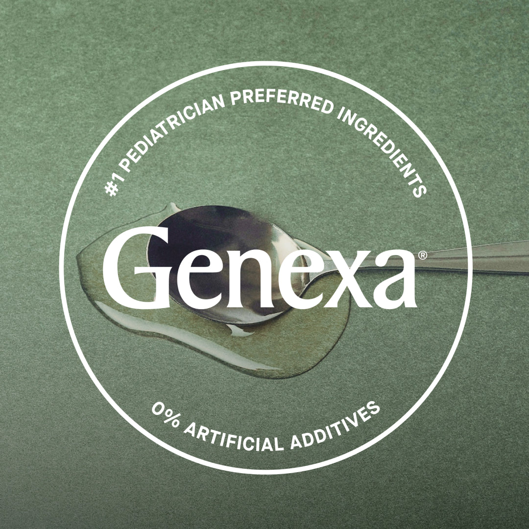 Genexa logo on a green background with text about pediatrician preferred ingredients and artificial additives.